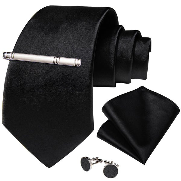 Classic Black Solid Silk Tie Pocket Square Cufflinks Set with Tie Clip