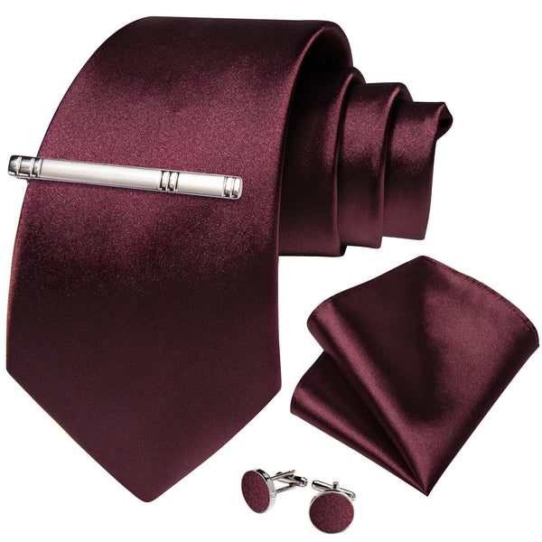 Burgundy Red Solid Silk Tie Pocket Square Cufflinks Set with Tie Clip