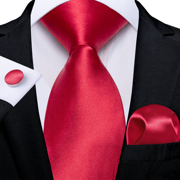 Fresh Red Satin Solid Silk Men's Necktie Pocket Square Cufflinks Set