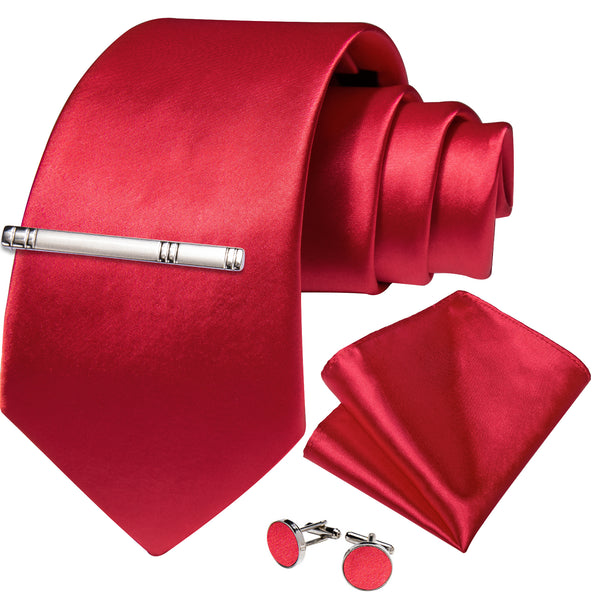 Fresh Red Solid Silk Tie Pocket Square Cufflinks Set with Tie Clip
