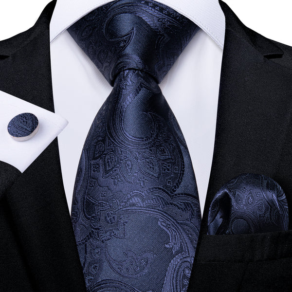 Classic Navy Blue Paisley Silk Tie Pocket Square Cufflinks Set