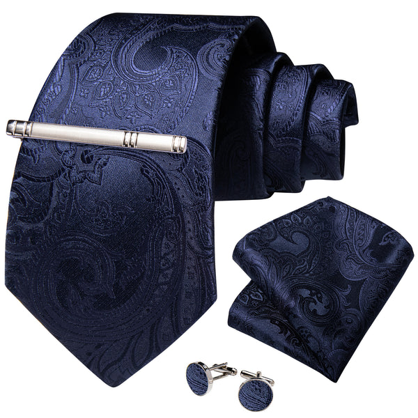 Classic Navy Blue Paisley Silk Tie Pocket Square Cufflinks Set with Tie Clip