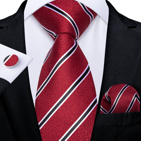 Red Black Striped Silk Tie Pocket Square Cufflinks Set
