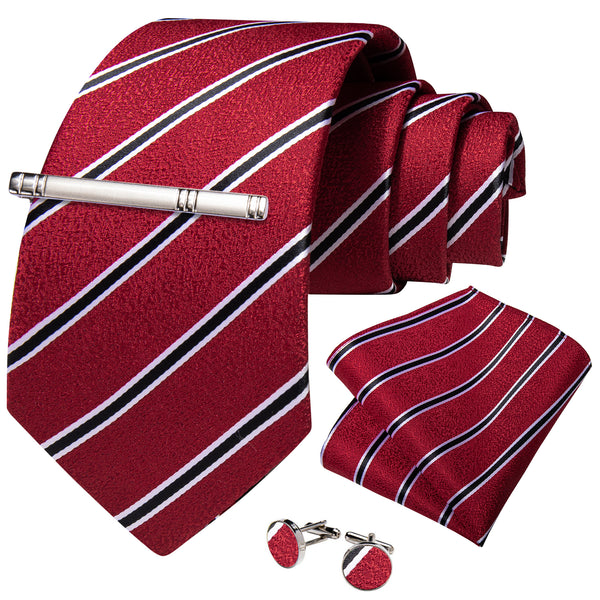 Red Black Striped Silk Tie Pocket Square Cufflinks Set with Tie Clip
