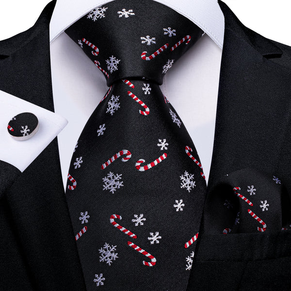 Christmas Black Candy Canes Novelty Men's Necktie Hanky Cufflinks Set