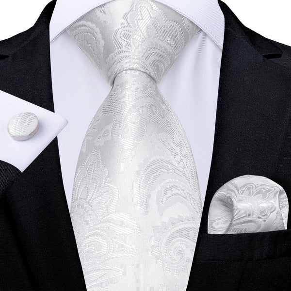 White Floral Silk Tie Pocket Square Cufflinks Set