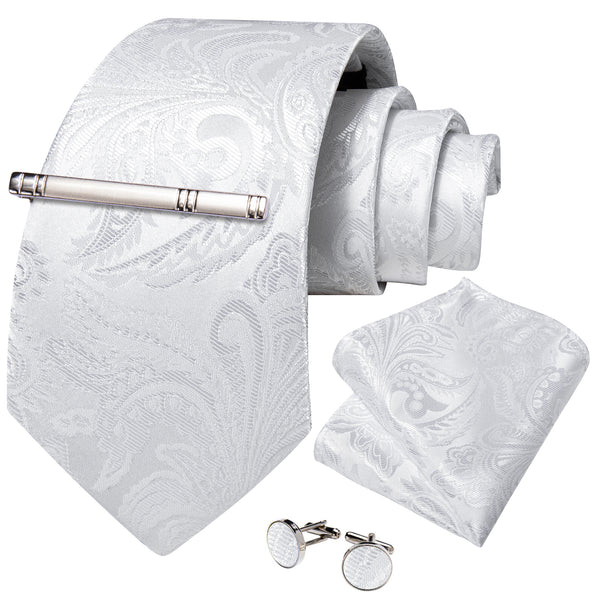 White Floral Silk Tie Pocket Square Cufflinks Set with Tie Clip