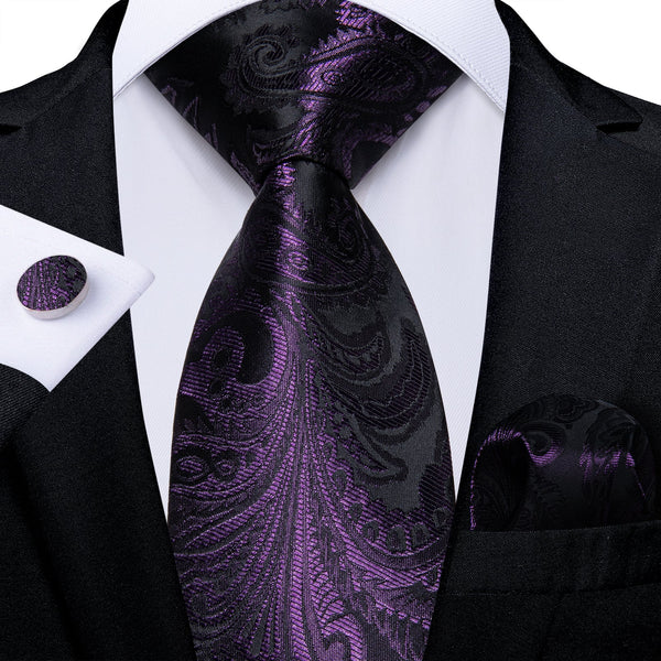 Deep Purple Balck Paisley Silk Tie Pocket Square Cufflinks Set
