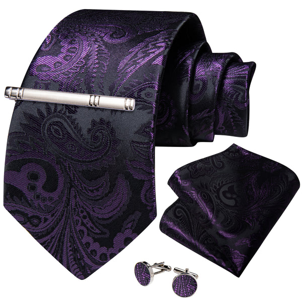 Deep Purple Balck Paisley Silk Tie Pocket Square Cufflinks Set with Tie Clip