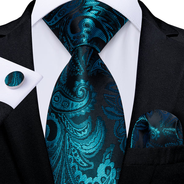 Teal Blue Paisley Silk Tie Hanky Cufflinks Set