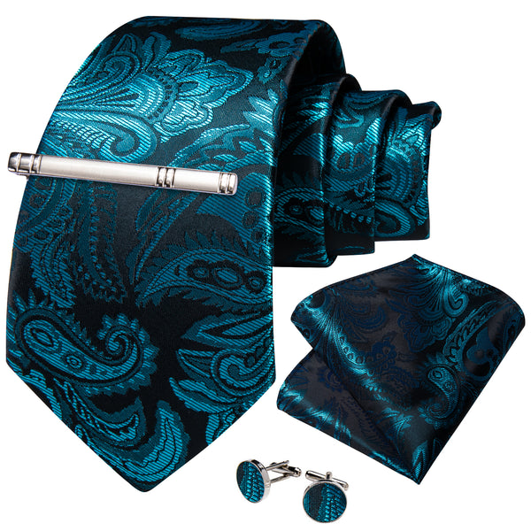 Teal Blue Paisley Silk Tie Pocket Square Cufflinks Set with Tie Clip
