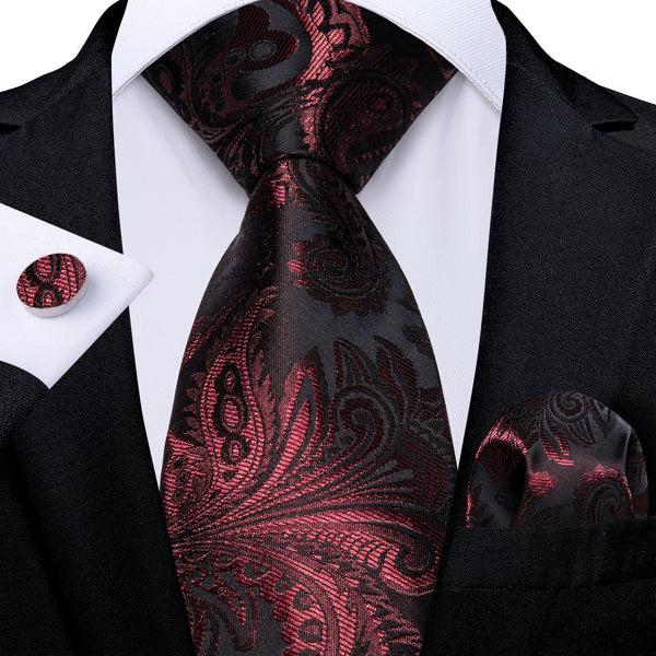 Deep Red Black Paisley Silk Tie Pocket Square Cufflinks Set