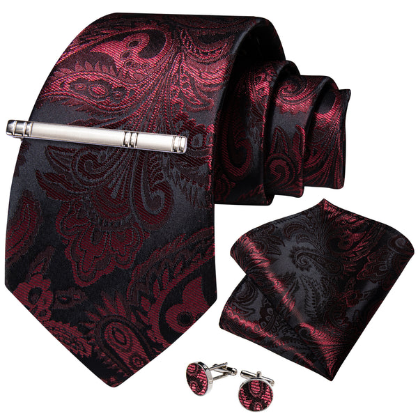 Deep Red Black Paisley Silk Tie Pocket Square Cufflinks Set with Tie Clip