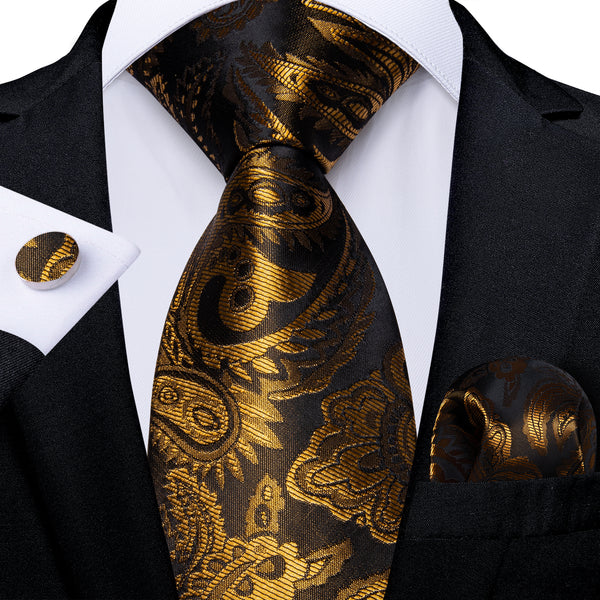 Golden Black Paisley Silk Tie Pocket Square Cufflinks Set