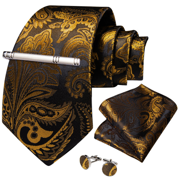 Golden Black Paisley Silk Tie Pocket Square Cufflinks Set with Tie Clip