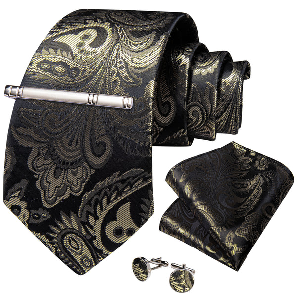 Champagne Paisley Silk Tie Pocket Square Cufflinks Set with Tie Clip