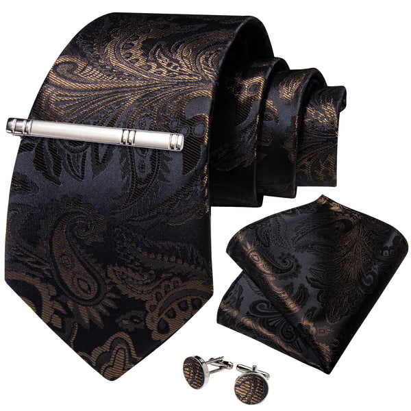 Brown Black Paisley Silk Tie Pocket Square Cufflinks Set with Tie Clip