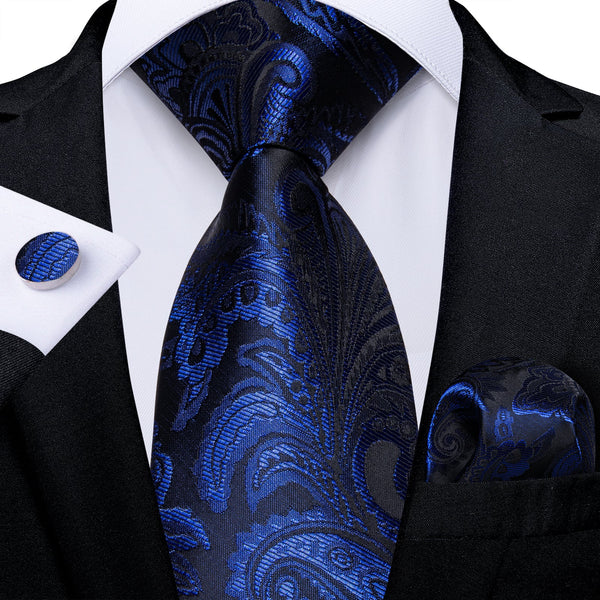 Royal Blue Black Paisley Silk Tie Pocket Square Cufflinks Set