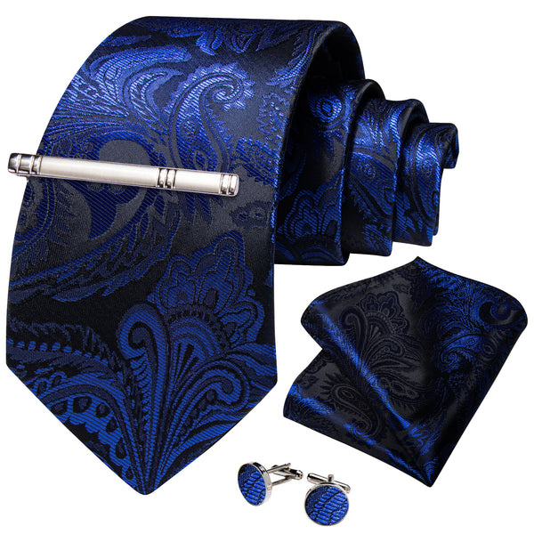 Royal Blue Black Paisley Silk Tie Pocket Square Cufflinks Set with Tie Clip