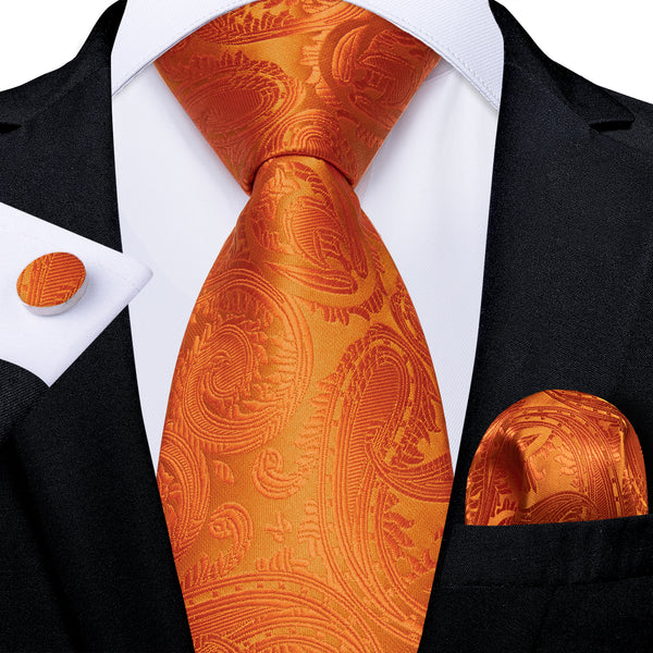 Orange Paisley Silk Tie Pocket Square Cufflinks Set