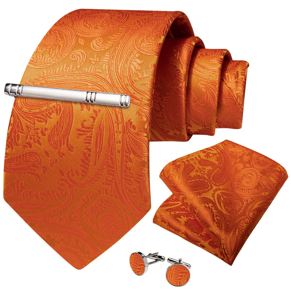 Orange Paisley Silk Tie Pocket Square Cufflinks Set with Tie Clip