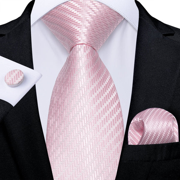 Light Pink Houndstooth Silk Tie Pocket Square Cufflinks Set