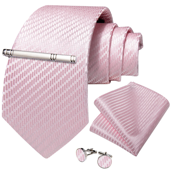 Light Pink Houndstooth Silk Tie Pocket Square Cufflinks Set with Tie Clip