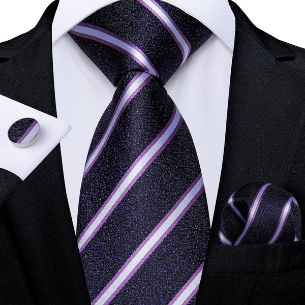 Shining Purple Striped Silk Tie Pocket Square Cufflinks Set