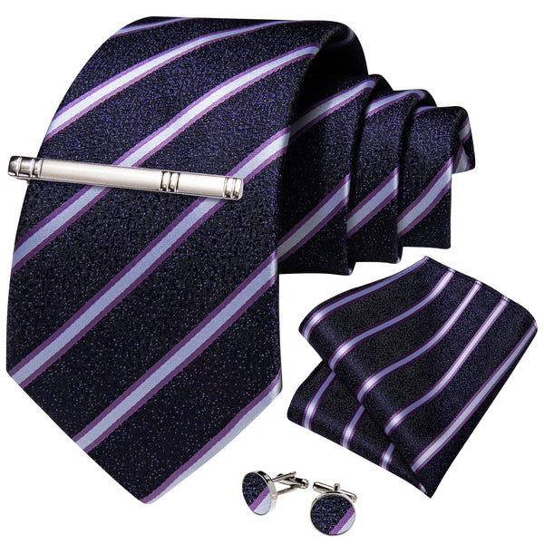 Shining Purple Striped Silk Tie Pocket Square Cufflinks Set with Tie Clip