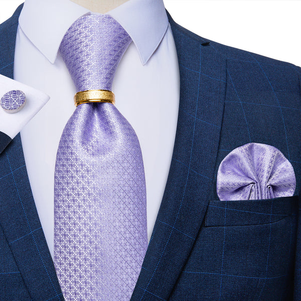 Lilac Purple Novelty Tie Ring Pocket Square Cufflinks Set