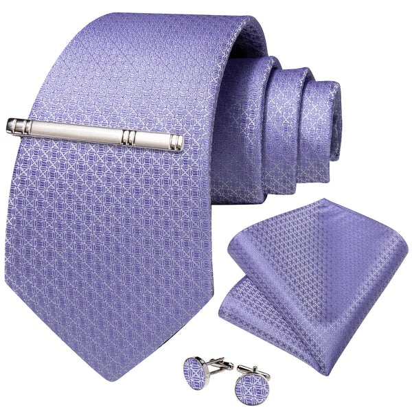 Lavender Purple Plaid Silk Tie Pocket Square Cufflinks Set with Tie Clip