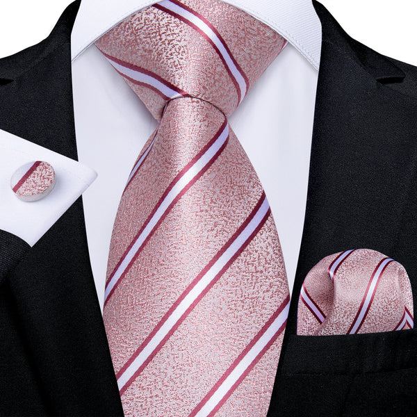 Pink Red Striped Silk Tie Pocket Square Cufflinks Set