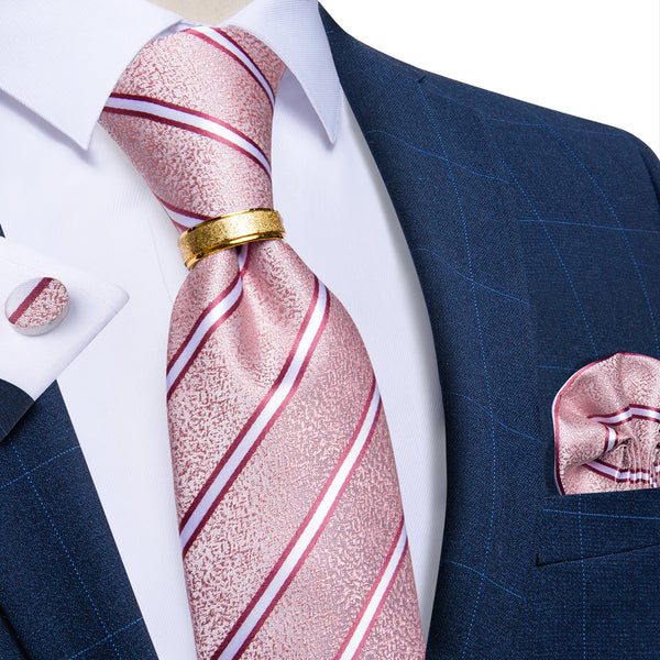 Pink White Striped Tie Ring Pocket Square Cufflinks Set