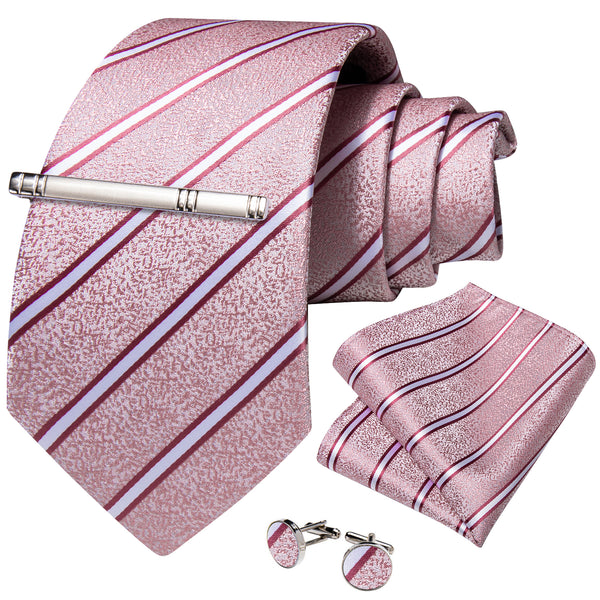 Pink Red Striped Silk Tie Pocket Square Cufflinks Set with Tie Clip