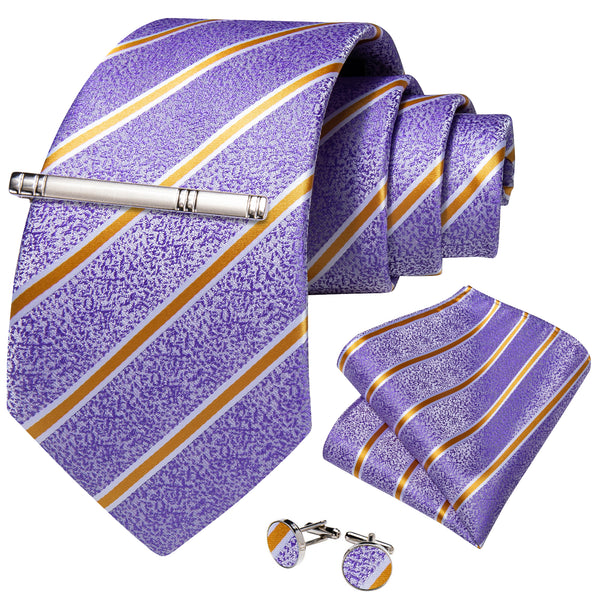 Purple Yellow Striped Silk Tie Pocket Square Cufflinks Set with Tie Clip