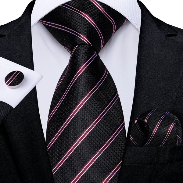 Black Red Striped Silk Tie Pocket Square Cufflinks Set