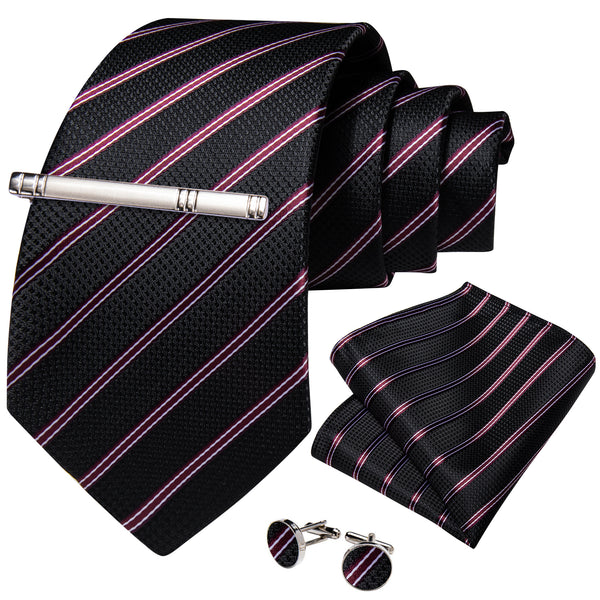 Black Red Striped Silk Tie Pocket Square Cufflinks Set with Tie Clip