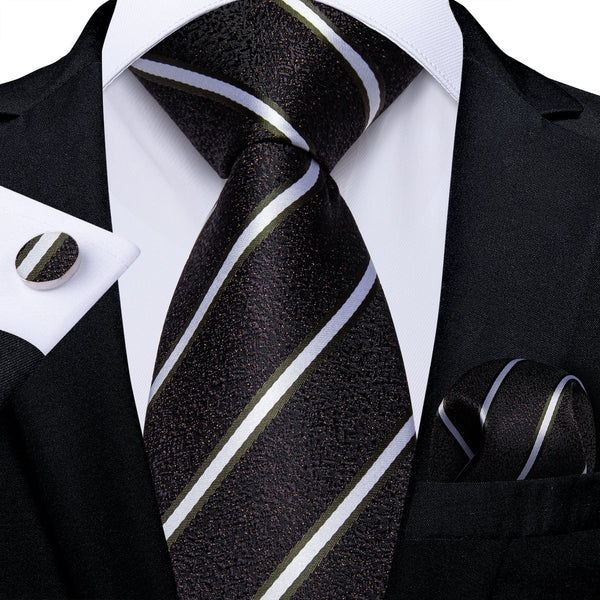 Black White Striped Silk Tie Pocket Square Cufflinks Set