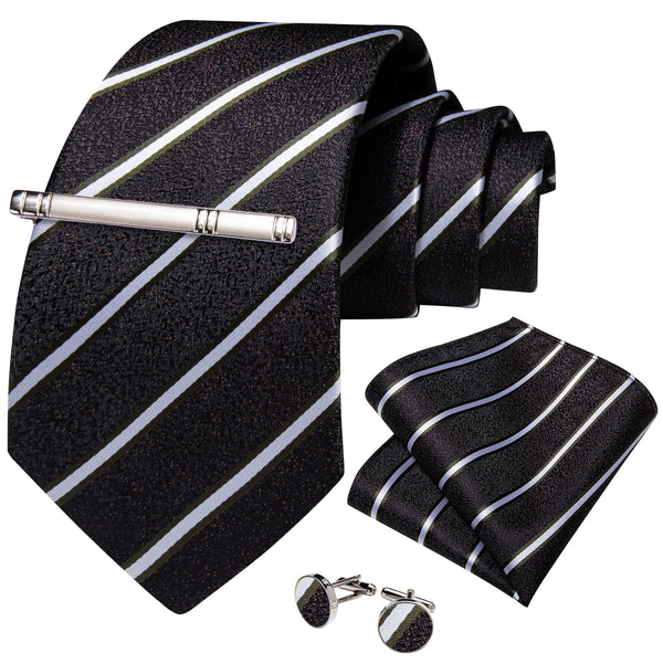 Black White Striped Silk Tie Pocket Square Cufflinks Set with Tie Clip