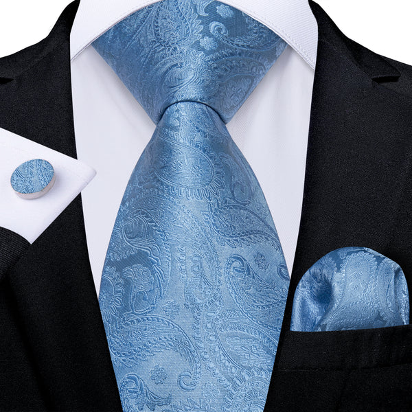 Light Blue Paisley Silk Tie Pocket Square Cufflinks Set