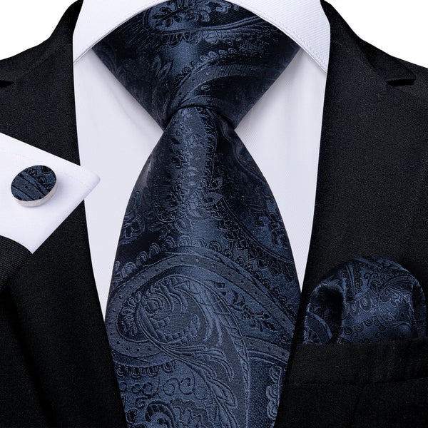 Deep Blue Paisley Silk Tie Pocket Square Cufflinks Set