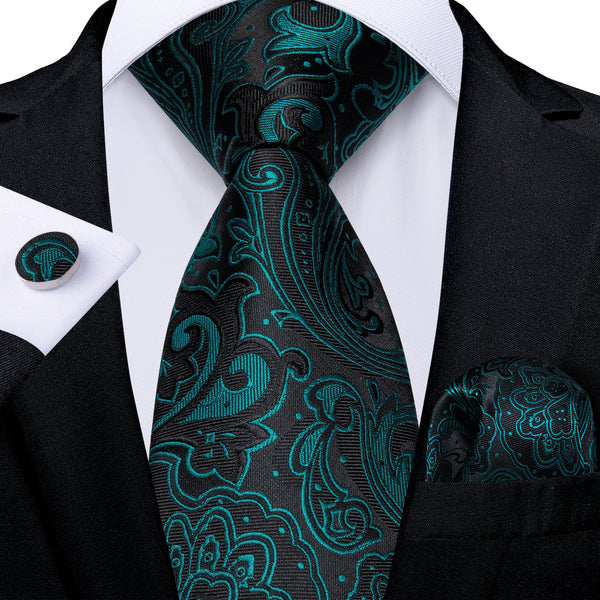 Black Teal Green Paisley Silk Tie Pocket Square Cufflinks Set