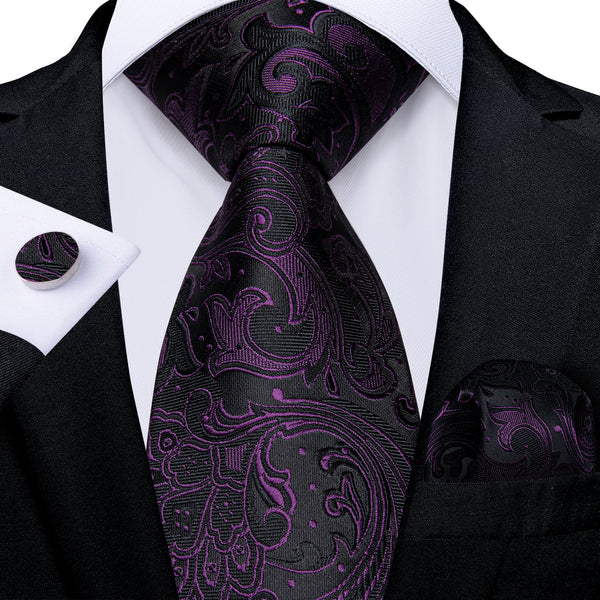 Black Deep Purple Paisley Silk Tie Pocket Square Cufflinks Set