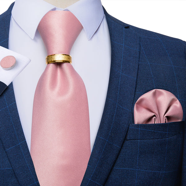 Baby Pink Solid Tie Ring Pocket Square Cufflinks Set