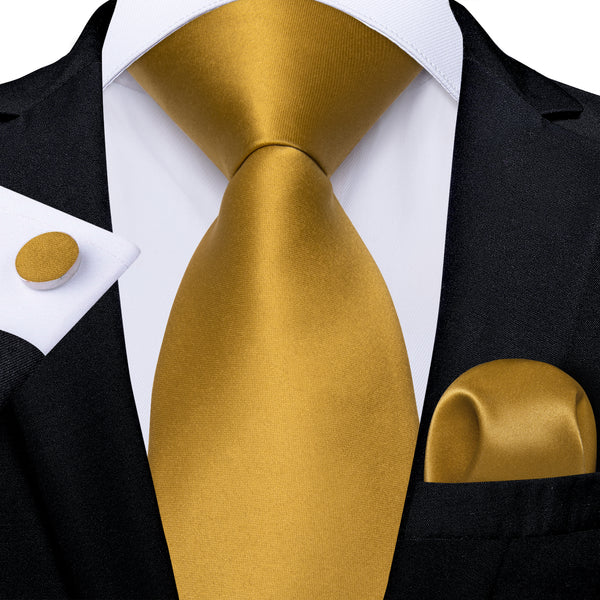 Golden Yellow Solid Silk Tie Pocket Square Cufflinks Set