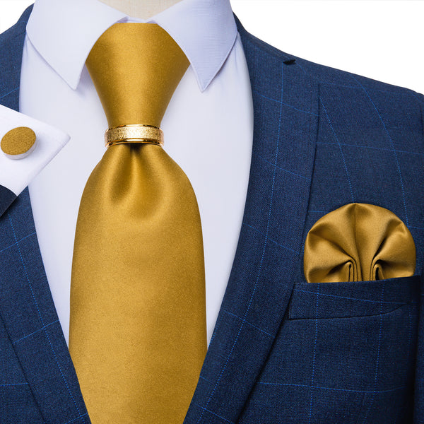 Ties2you Gold Solid Tie Ring Pocket Square Cufflinks Set