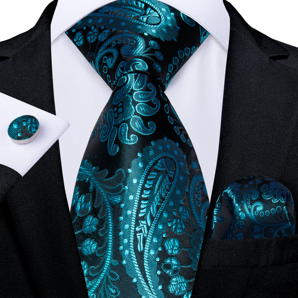 Teal Blue Silk Tie Pocket Square Cufflinks Set