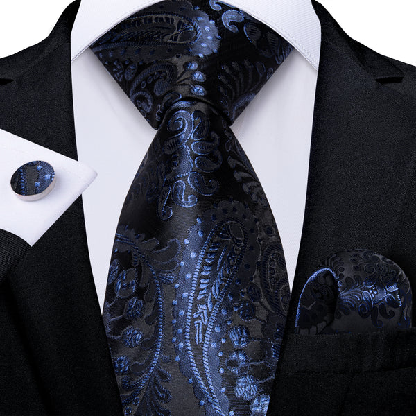 Deep Blue Paisley Silk Tie Pocket Square Cufflinks Set