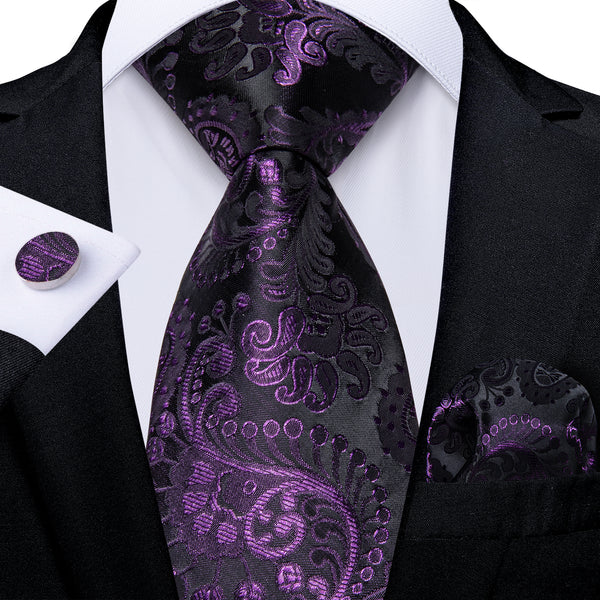 Deep Purple Paisley Silk Tie Pocket Square Cufflinks Set
