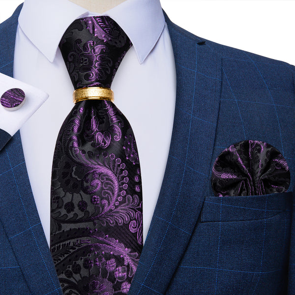 Black Purple Paisley Tie Ring Pocket Square Cufflinks Set